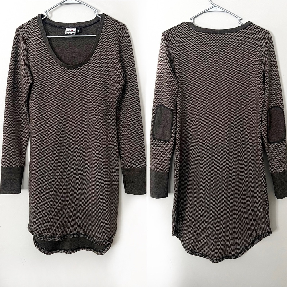 Kavu Brown Herringbone Sweater Dress Chevron Medium Elbow Patches Earthy Cozy